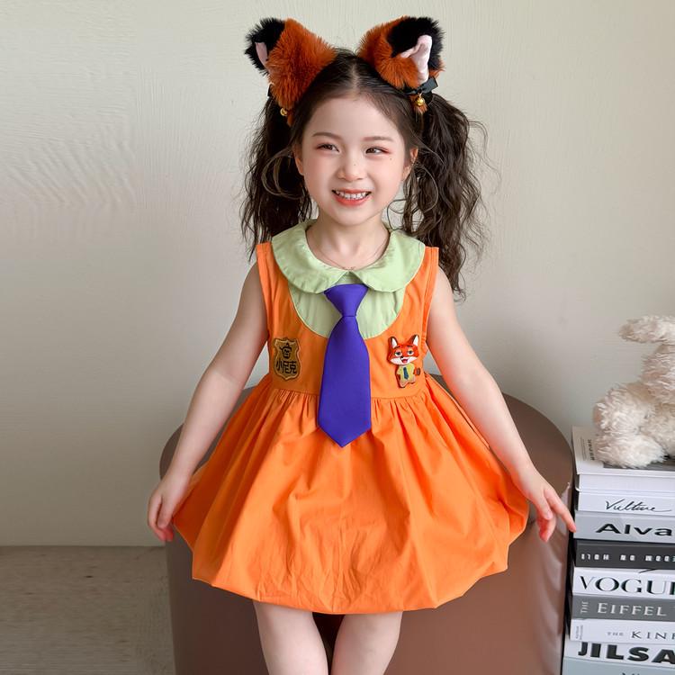 Vestido de Policial Coelho para Meninas - Moda Verão 2025 Saia Suspender Manga Flutuante Fashion, Estilo Academia para Bebês.