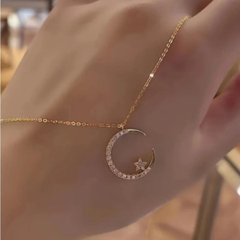 Shiny Star Moon Pendant Necklace, Women's Sparkling Exquisite Clavicle Chain, Unique Design Luxury Jewelry Gift for Girlfriend