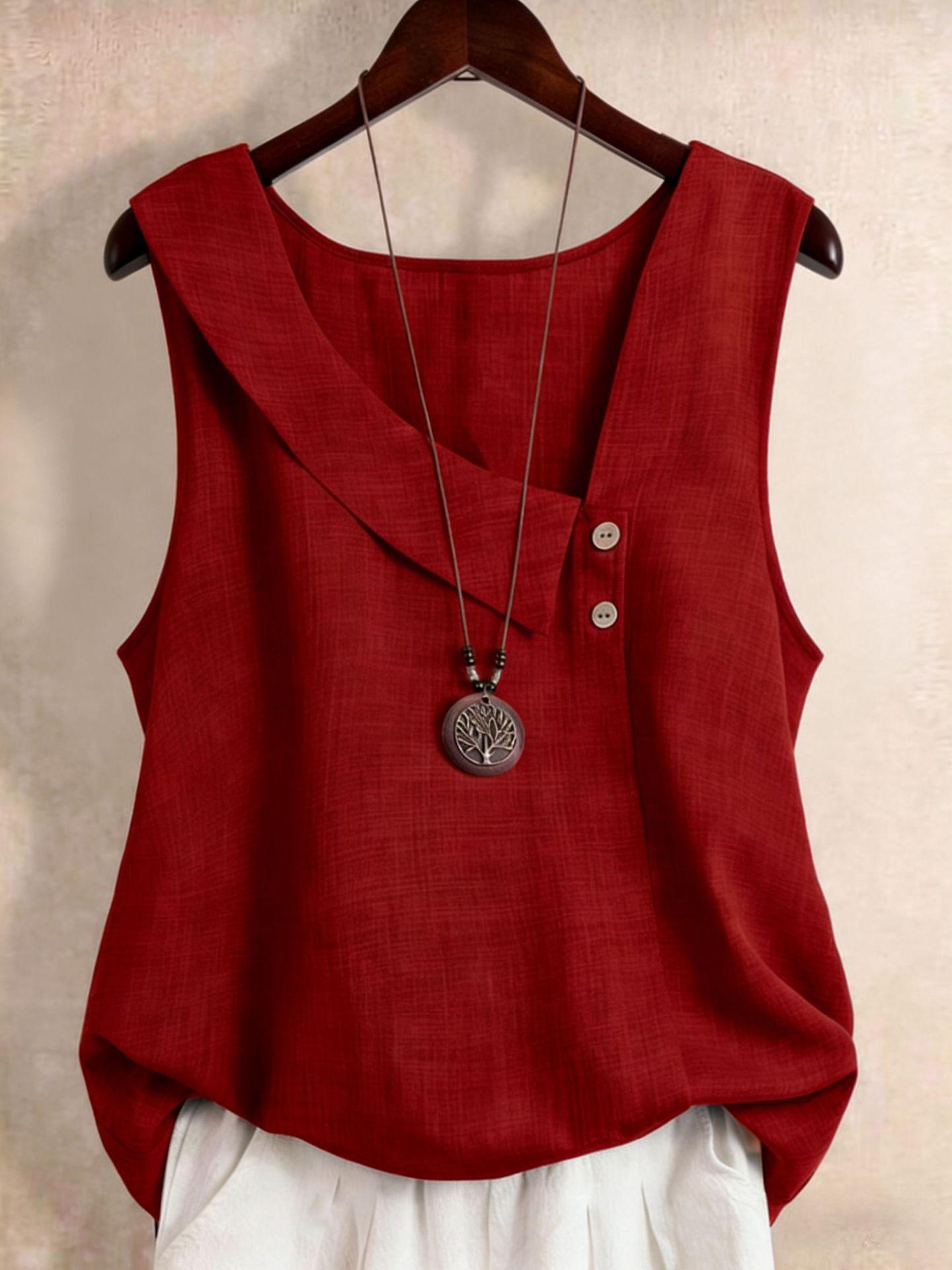 

2026 Plus Size Women s Casual Solid V-Neck Button Woven Sleeveless Vest 0XL червоний