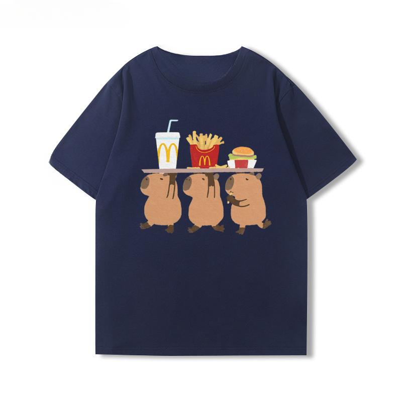 2025 Cute Capybara Capibara Coffee Chips Cartoon Peripheral Short Sleeve Men's and Women's Summer Cotton T-shirt Trend Tops Tee