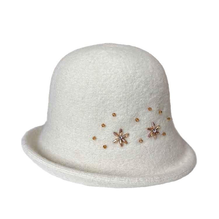 Retro Small Fragrant Style Fashion Wool Bucket Hat Women Autumn And Winter Warm Foldable Basin Hat Rhinestone Elegant Top Hat