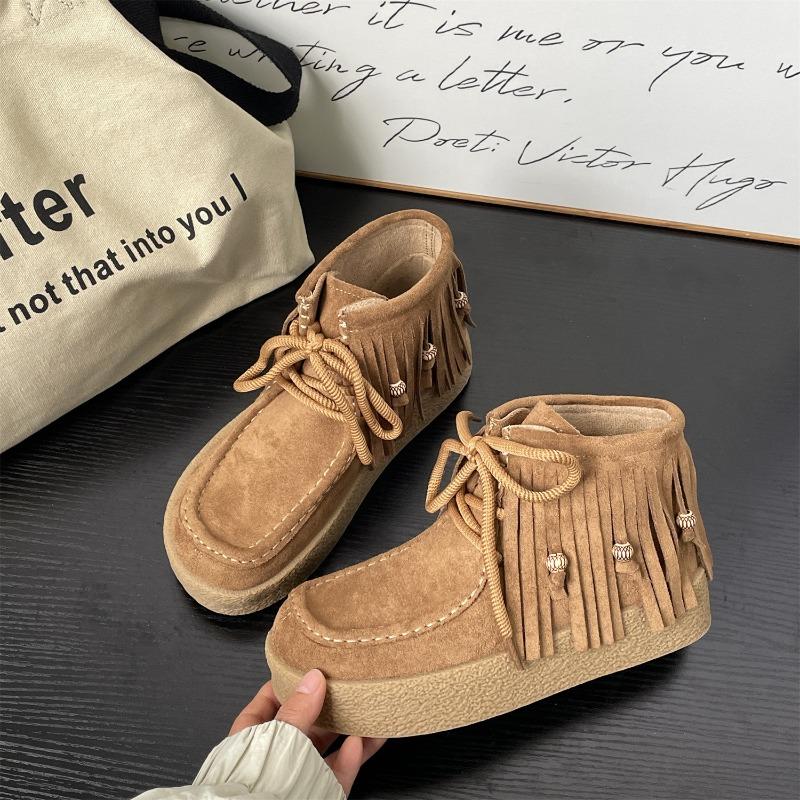 Maillard fringed shoes new fringed pendant cowhide suede lace-up thick-soled heightening kangaroo shoes
