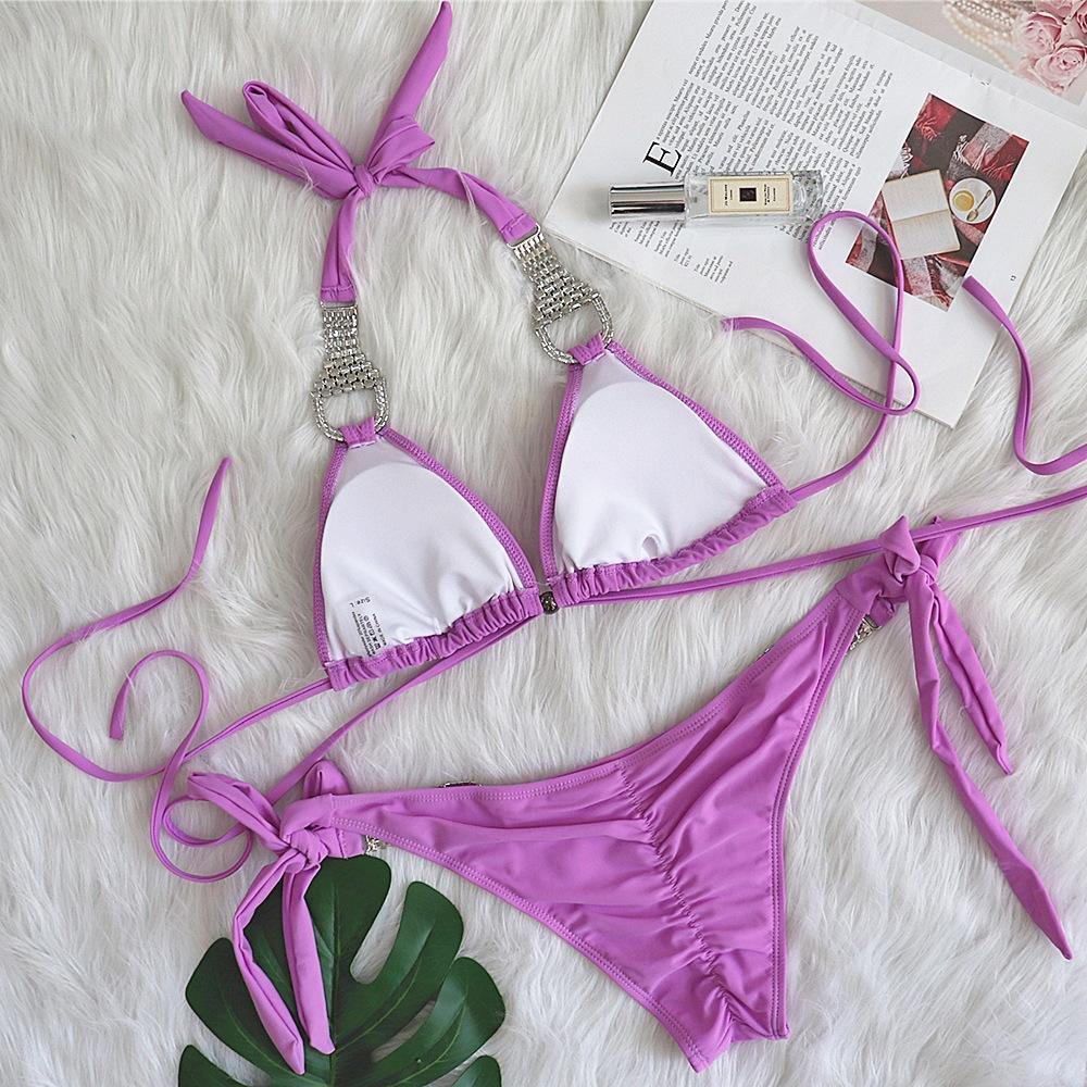 Maillot de bain bikini sexy à bretelles de couleur unie pour la plage, maillot de bain en strass