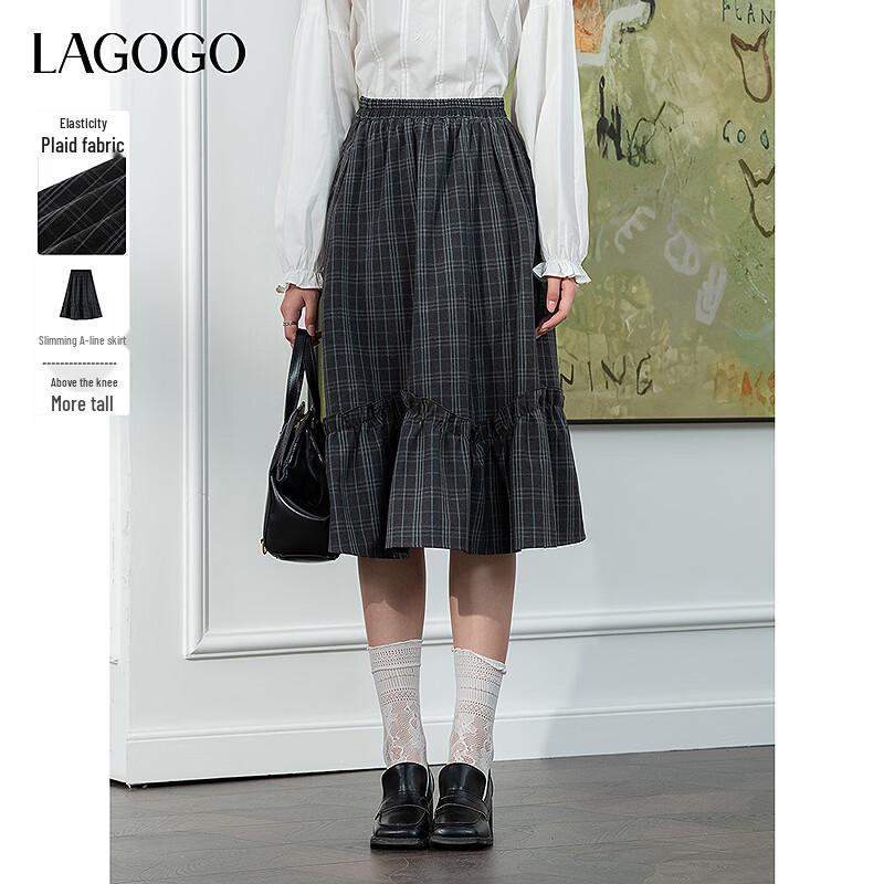 LAGOGO Women s A-line Plaid Mid-length Skirt L