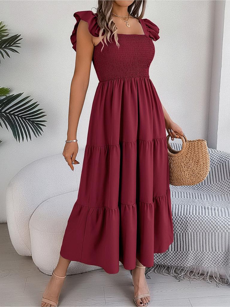 Square Neck Solid Color Dress High Waist Elegant Ruffle Edge Dress for Women Sleeveless Loose Dresses Causal Dress