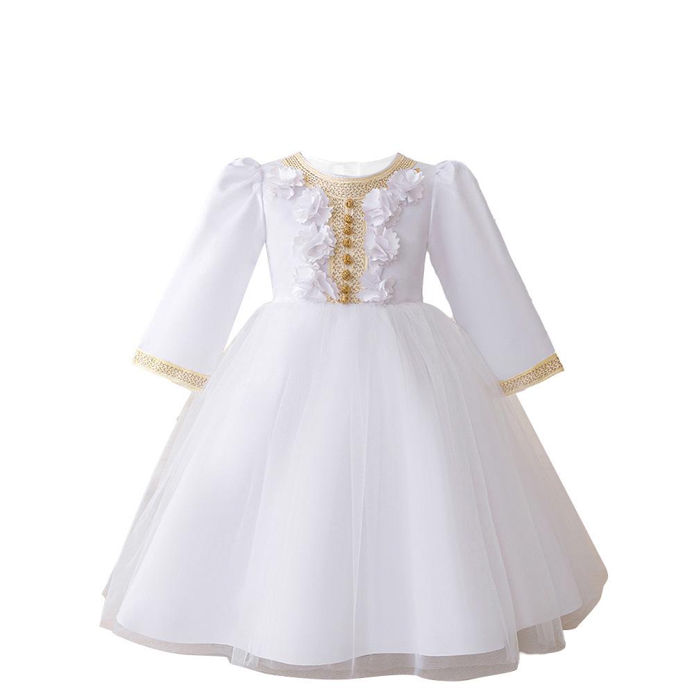 Bílé šaty s dlouhým rukávem ve stylu blízkovýchodní róby s 3D květinami a pleteným páskem pro roční holčičky