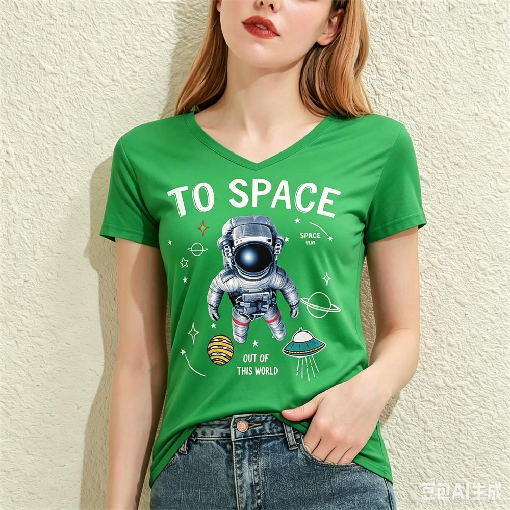 Cartoon Astronaut Pattern Print Women's T-shirts Fashion V-neck Short Sleeve Tees Casual Loose Tops Summer Trend Female Clothing