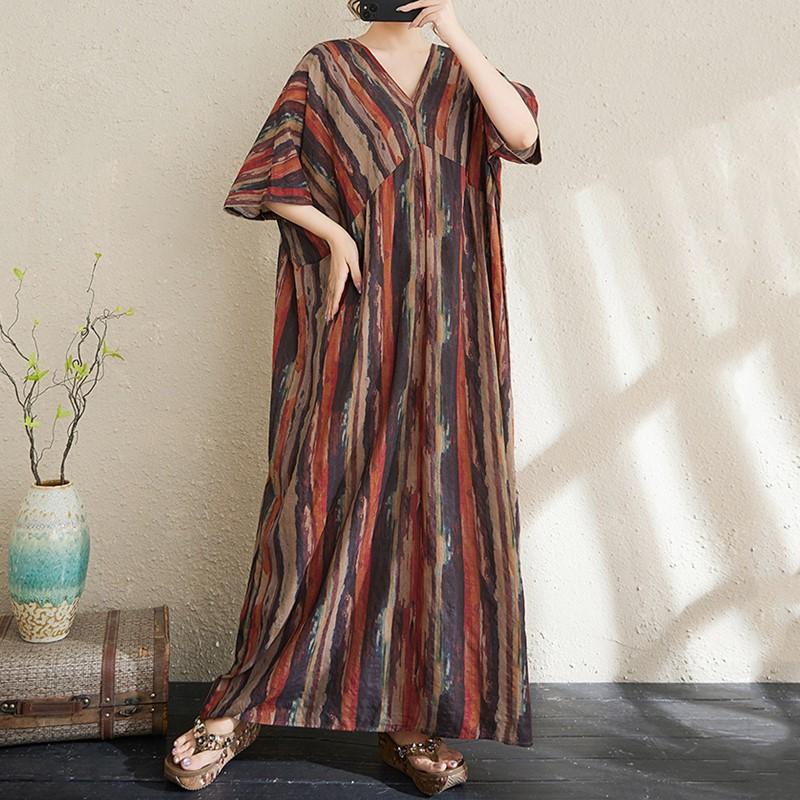 Short Sleeve Plus Size Cotton Vintage Stripe New In Dresses for Women Casual Loose Long Summer Dress