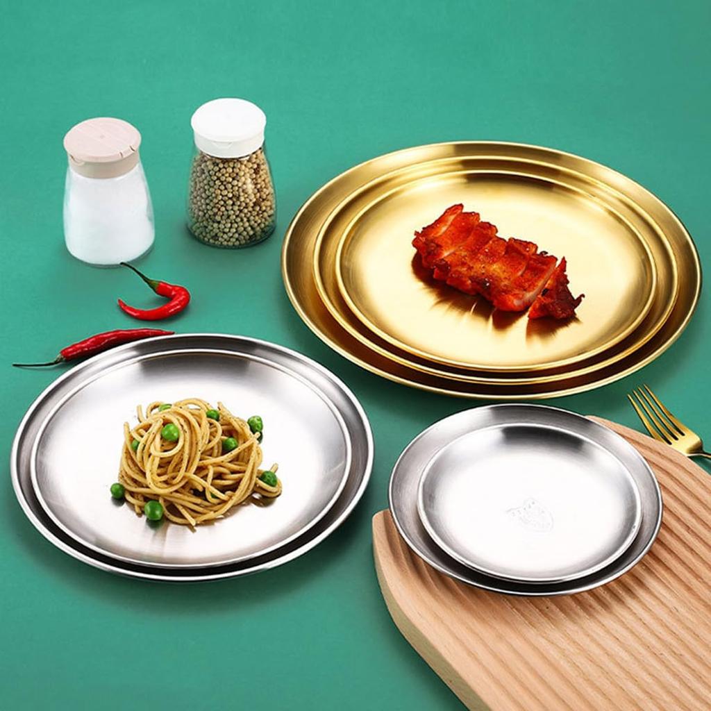 4-Piece Stainless Steel Dinner Plates Round Metal Plates Serving Tray Dessert Plates Dinner Dish for Home Camping  BBQ