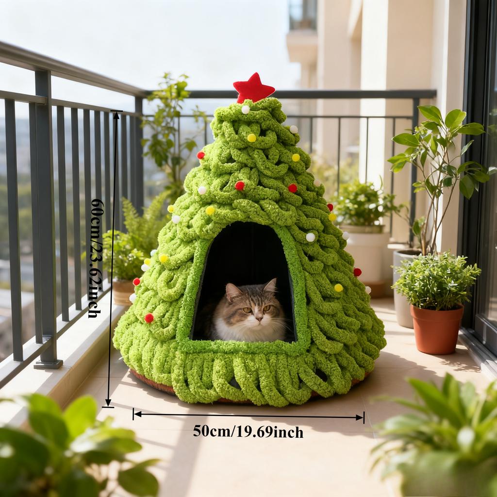 Handmade Christmas Tree House, Winter Warmth Indoor Bed with Random Decorations - No Included -Perfect Gift for S and Small Dogs