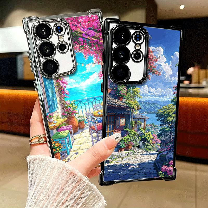 Anime Aesthetic Scenery Plating Phone Case For Samsung Galaxy S24 S25 FE S26 Edge S23 Ultra S22 S21 Plus S20 Anti-Fall Airabag C