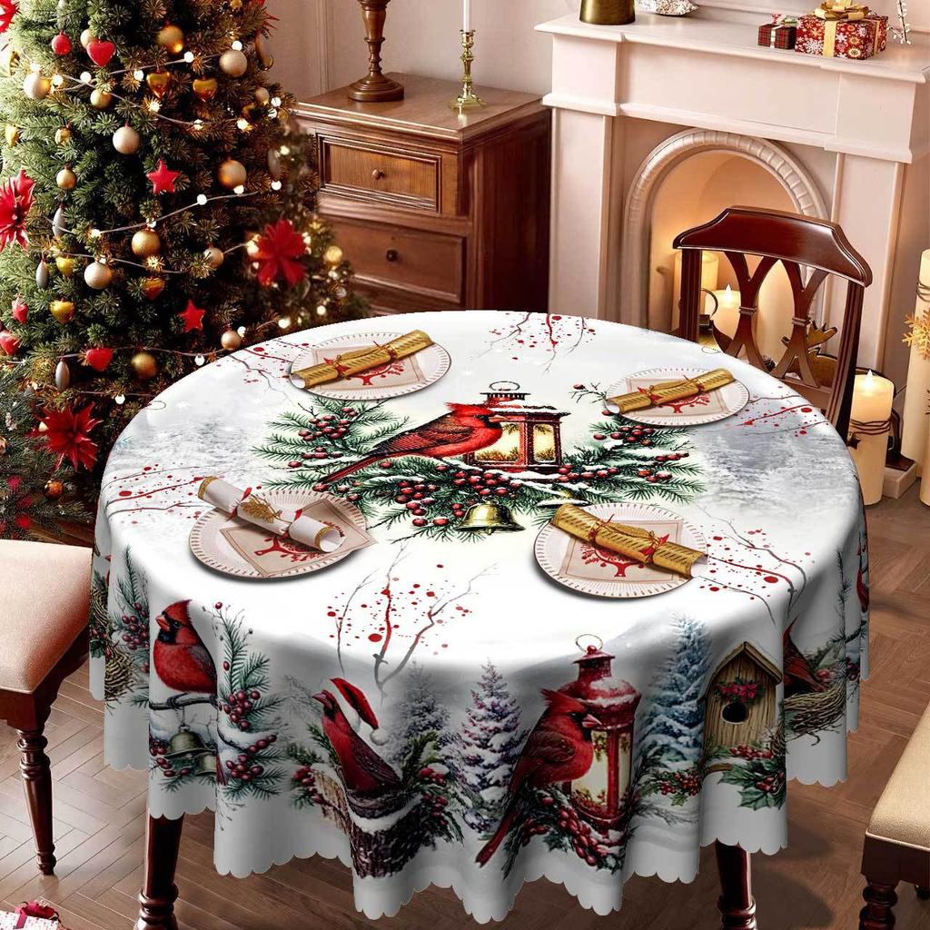 Christmas Cardinal Snow Tablecloth, Round Table Vintage Festive Tablecloth, Snow Berry Lantern Table Decoration