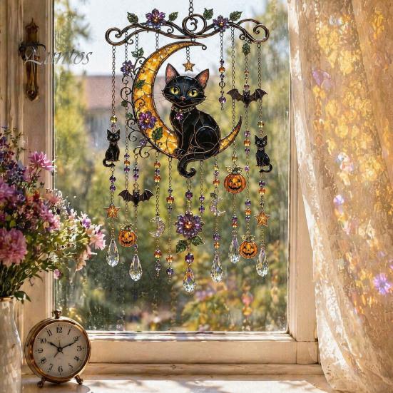 Whimsical Bat And Black Cat Decor Halloween Acrylic Wind Chime Pendant, Crystal Suncatcher Hanging Ornaments, Decorative Chimes Outdoor Window