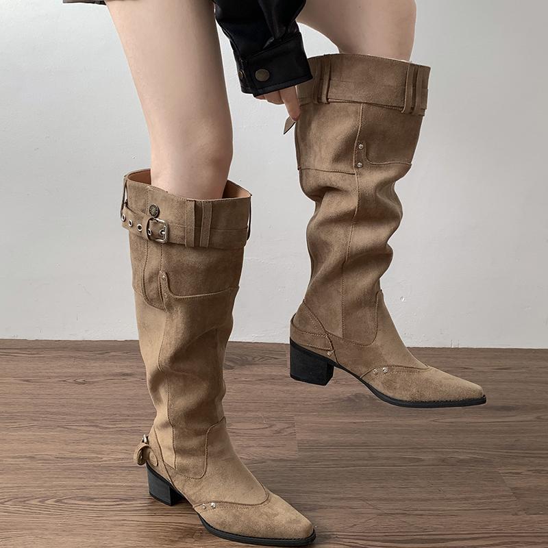 Fashion Vintage Rivet Hottie Women Knee-High Boots Fashion Belt Buckle Female Pleated Knight Long Booties Shoes