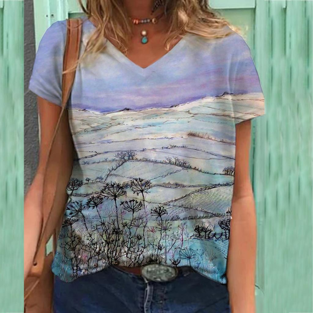 Plus Size T Shirt Floral Printed Tees Vintage 3d Printing T-shirts Women Men Short Sleeve V Neck Tops