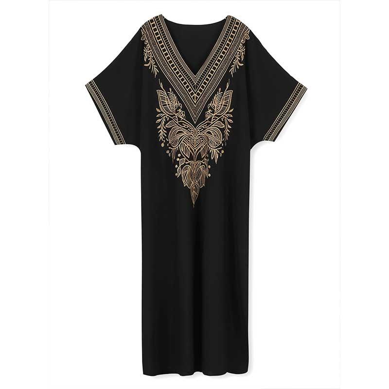 EDOLYNSA Chic Gold Thread Embroidered Plus Size Black Kaftan V Neck Dress 2024 Women Summer Beachwear Swimsuit Cover Up Loose Caftan Q1685