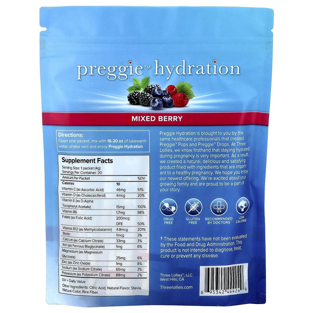 Preggie, Hydration, Mixed Berry, 20 Packets, 4g (0.14oz) Each