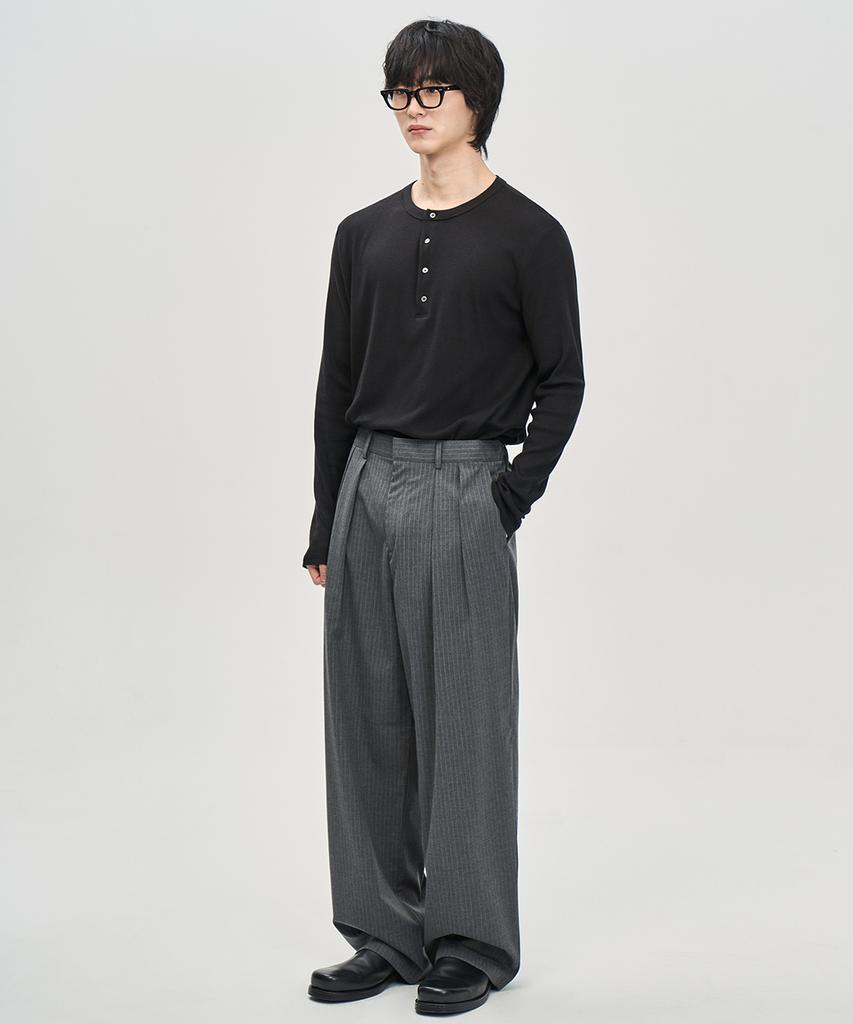 PRAIRIE Double-Pleated Pinstripe Wide Slacks (Gray)