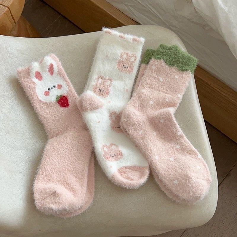 Women s Pink Rabbit Fur Socks: Warm, Thickened Mid-Calf with Cute Rabbit Design for Autumn and Winter. Little Rabbit Head