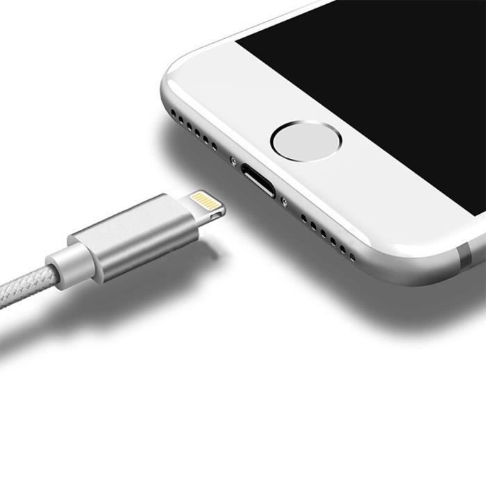 Câble Chargeur pour iPhone - MARQUE - Lot de 2 - 1M - Nylon Argenté - Compatible iPhone 5 à 11 Pro Max