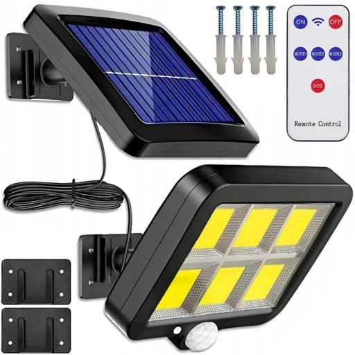 Mocna Lampa Solarna 120 Led Z Czujnikiem Ruchu Ogrodowa Elewacyjna + Pilot