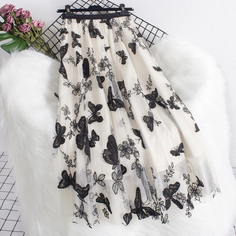 

3D Butterfly Mesh Skirt New Large Hem A-Line Umbrella Skirt Mid-Length Women S Autumn Winter Skirt One size абрикосовий