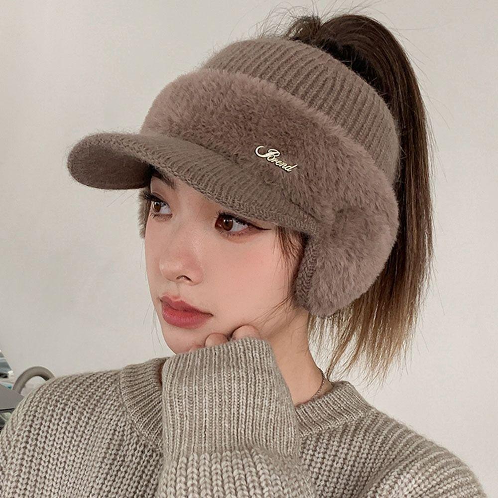 Gorros cálidos de invierno Protección para las orejas Gorro para coleta Visera Gorras de béisbol casuales Mujeres