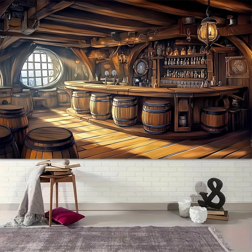 1 Polyester Foto-Hintergrundbanner, Piratenbar, Retro-Stil, Bar-Interieur und Fass-Party-Hintergrundstoff
