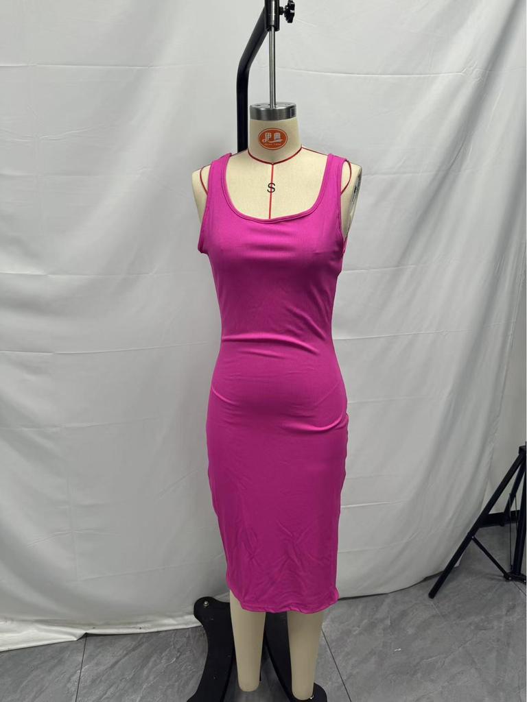 2025 Spring/Summer Elegant Sleeveless Ribbed Slim Fit Slit Dress with Square Neck