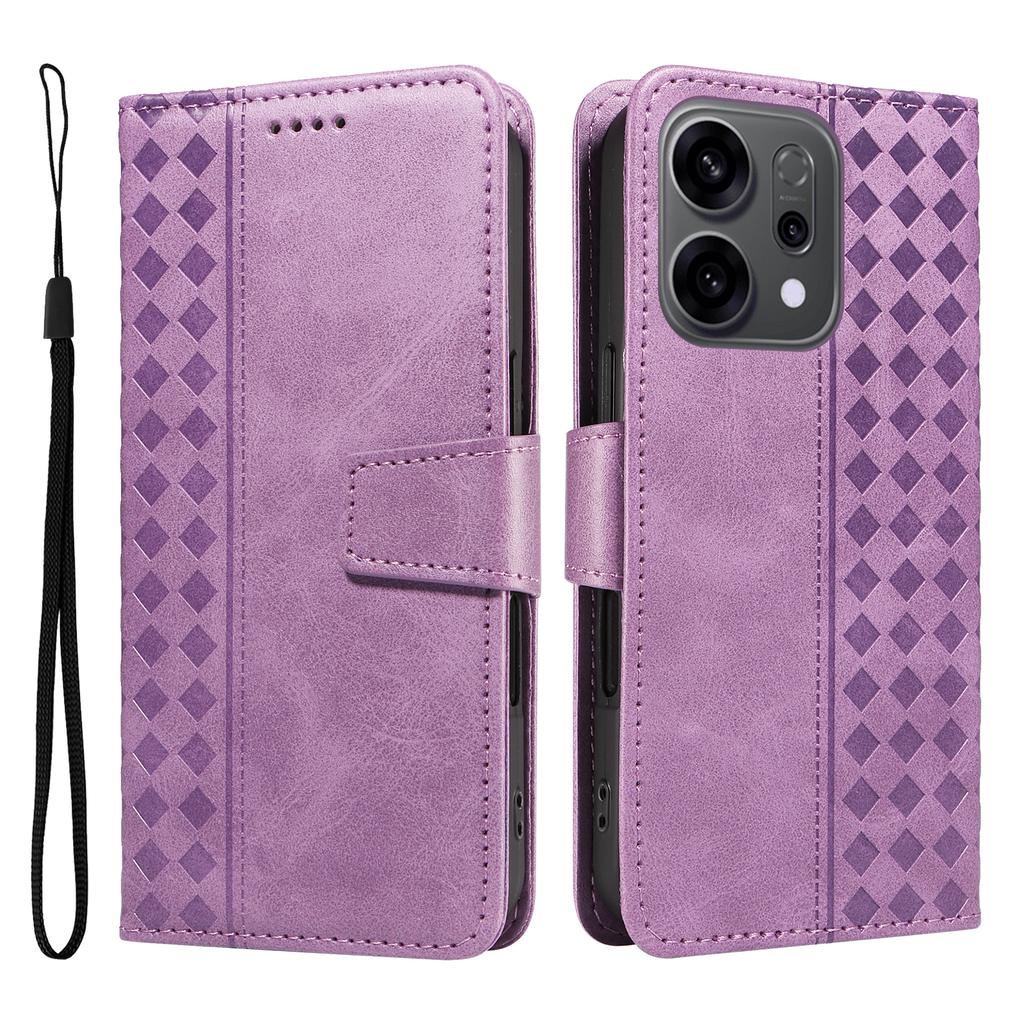 For Oppo Reno14 5G (China)/Oppo Reno14 F 5G/Oppo Reno14 5G (Global) Leather Case Wallet Stand Grids Imprinted Phone Cover with Strap
