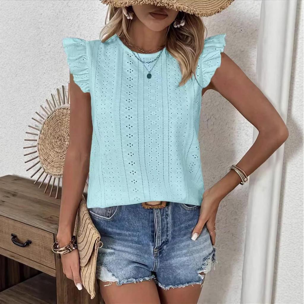 2026 Spring/Summer Round Neck Ruffle Sleeve Back Tie Solid Color Women's Top