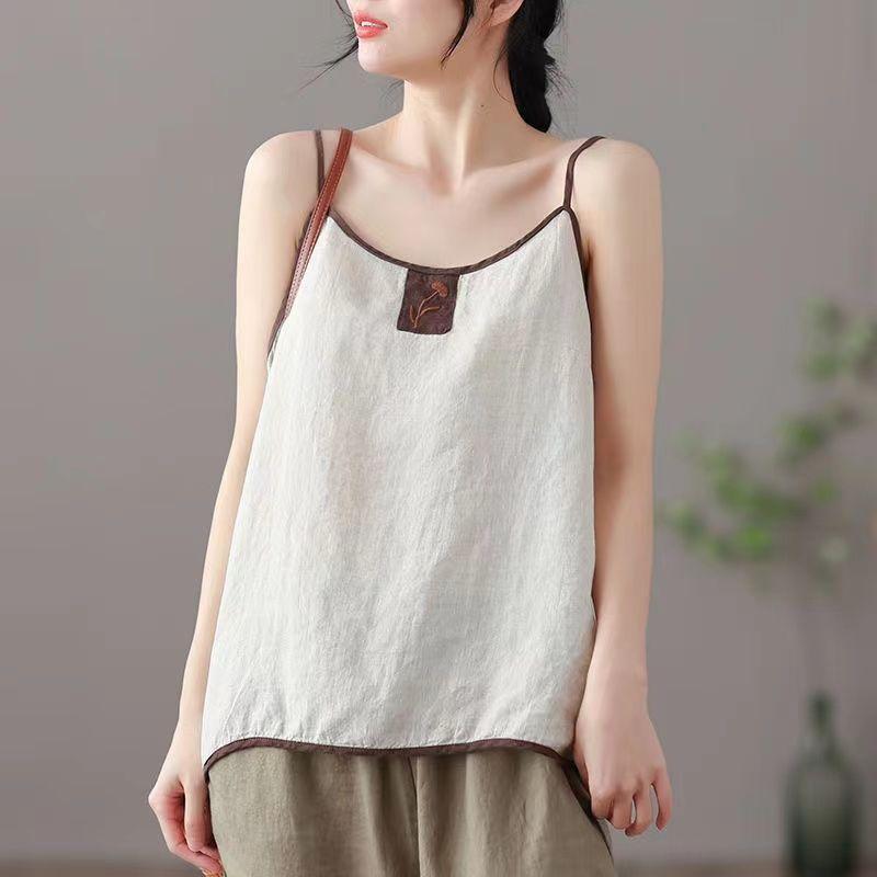 

Cotton Linen Tanks Camis Women Vintage Harajuku Chic Casual Top Ladies Embroidered Vest Sleeveless Bottoming Sling M белый