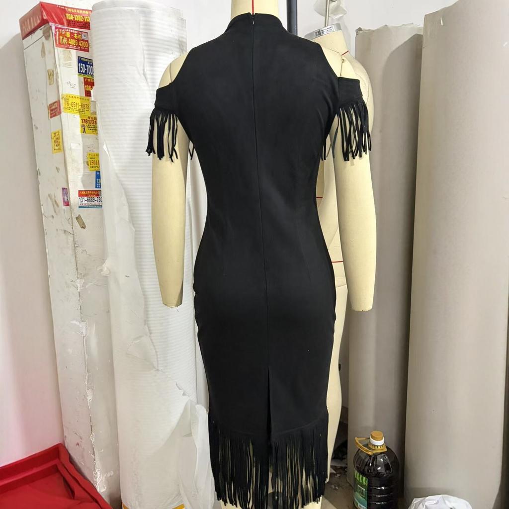 2026 new European and American style black embroidered fringed hip dress slim and thin dress skirt off-the-shoulder fringed skirt