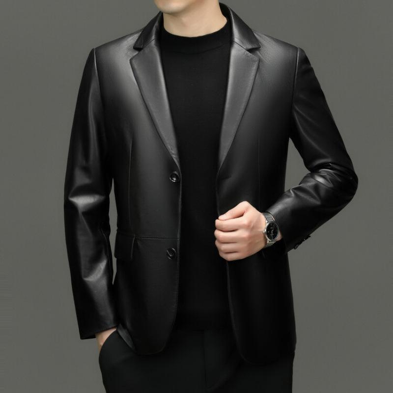 

Autumn Leather Leather Jacket Men s Solid Color Lapel Sheepskin Jacket Men s Leather Blazer 4XL чёрный