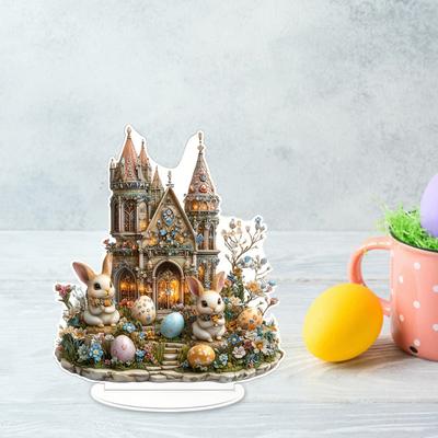 Yousheng Easter Bunny Ornament 2D Flat Acrylic Ornament Tiered Tray Decoration Castle Rabbit Figurine for Farmhouse Home Mantel Bookshelf Easter Decor