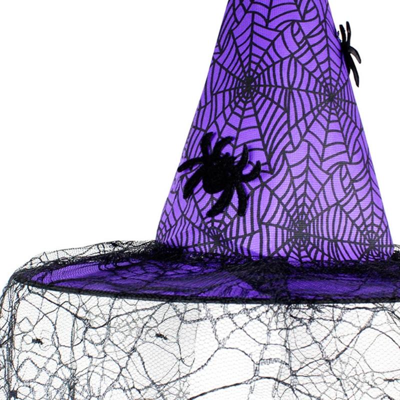 Wicked Witch Hats for Women Halloween Hat with Lace Veil Spiders Web Decors