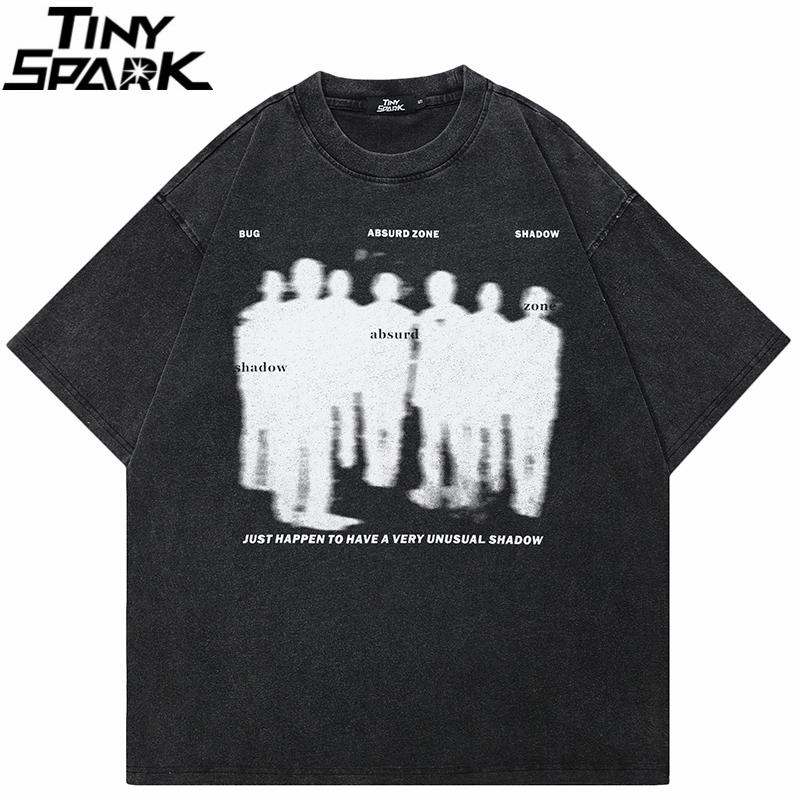 Hip Hop Streetwear Men TShirt Oversized Absurd Shadow Graphic T Shirt Retro Washed Black Tshirt Cotton Unisex Tops Tees