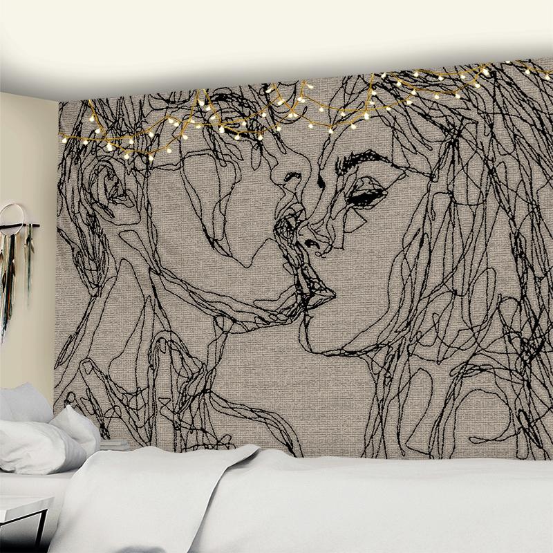Kreativní čárová malba Tapiserie Nástěnný závěs Bohemian Hippie Muži a ženy polibek psychedelický abstraktní koberec retro dekor