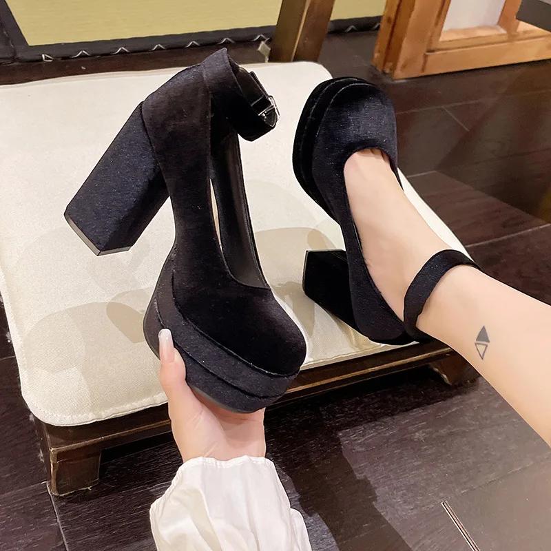 Hot Selling Mary Janes Shoes Women Suede Luxury High Heel Lace Up Trend Lolita Shoes Elegant Chunky Party Pumps Zapatos De Mujer