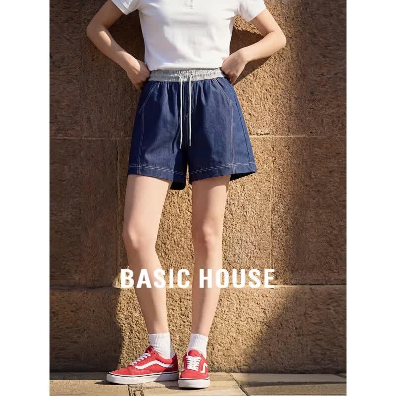 Basic House Women s Elastic Waist Straight Leg Denim Shorts 2XL синий