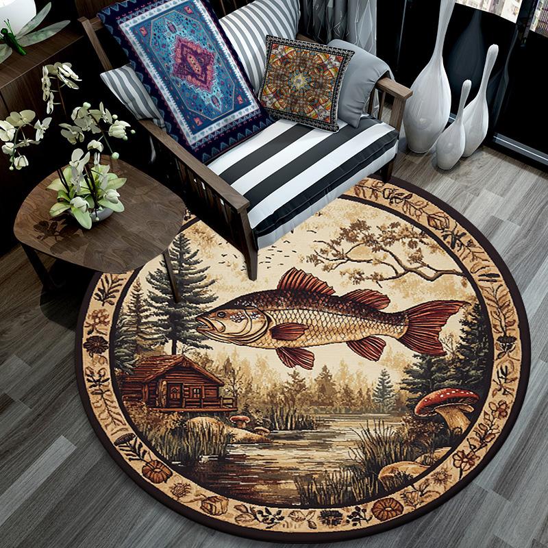Fish Lake Round Area Rug,Carpet Rug for Living Room Bedroom Sofa Playroom Decor,Non-slip Floor Mat