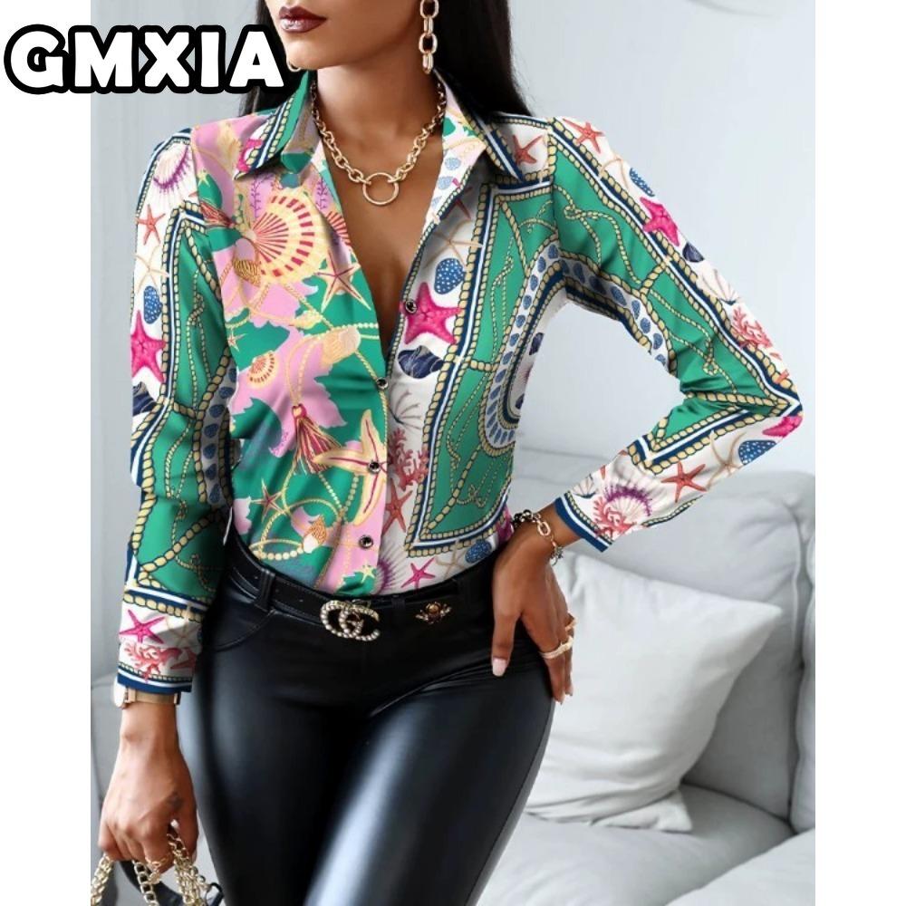 GMXIA Damenmode Lässig Freizeit Einfarbig Druck Langarm POLO Kragen Blusen & Hemden