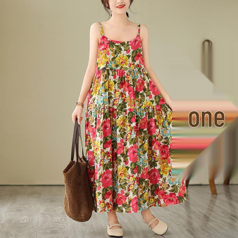 

Летнее платье 2025 года большого размера из корейского хлопка и льна с принтом на бретелях-спагетти One Size