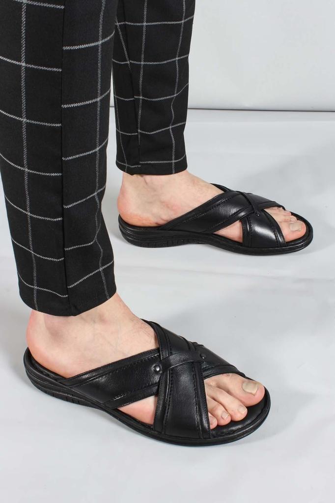  Inside And Outside Genuine Leather Black Classic Cross Men's Slippers
