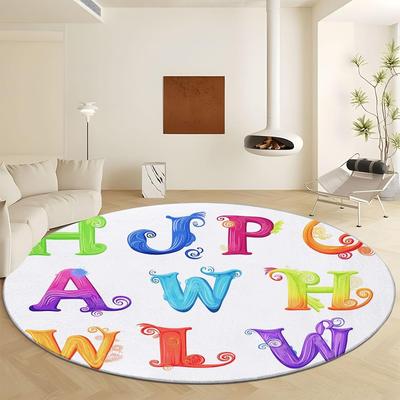 Modern Cartoon Letter Texture Print Round Area Rug,White Washable Carpet Runner - Non Slip Circle Rug Carpet Absorbent Mat for