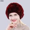 New Arrival Flowers Real Fur Hats Winter Russian Women Natural Rex Rabbit Fur Caps Lady Genuine Rex Rabbit Fur Beanies Cap