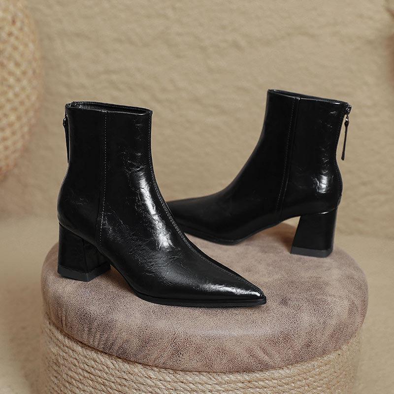 Custom Women's Boots~ High Heel Boots Pointed Short Boots Skinny Boots New Autumn and Winter Brown Boots Coarse Heel Medium Leather Boots