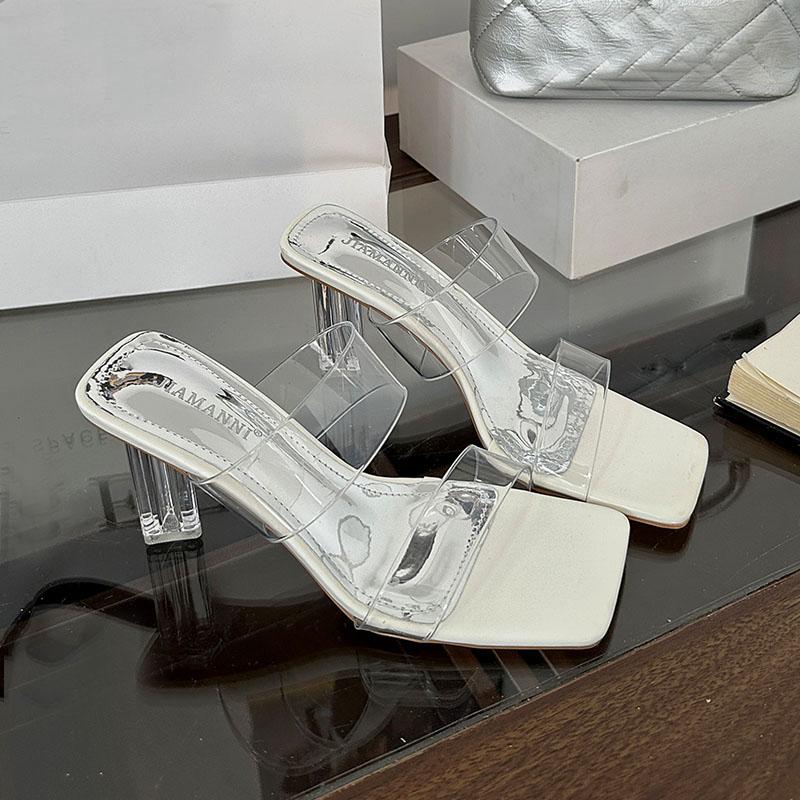 

Fashion Fashion Transparent Heels Sandals Slides Shoes For Women Footwear Square Toe Ladies High Heels Sandals Shoes Female Pumps 35 бежевый