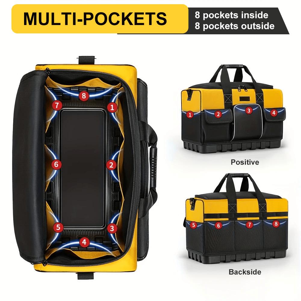 Heavy‑Duty Tool Bag With Hard Waterproof Base Wide Mouth Storage Tote Shoulder Strap For Electrician Carpenter Repair Work