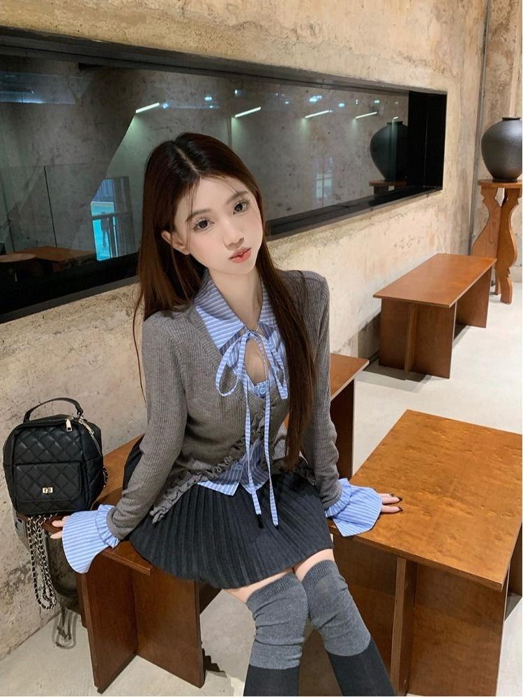 

Женский трикотажный кардиган с длинными рукавами, в стиле пэчворк, с оборками и завязками - Новинка весны 2025, облегающий дизайн из двух частей Medium серый